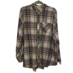 Sonoma Women's Green and Purple Plaid Flannel Shirt